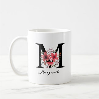 Caneca De Café Copo com Letra Monograma Floral M Margaret Nome Pe
