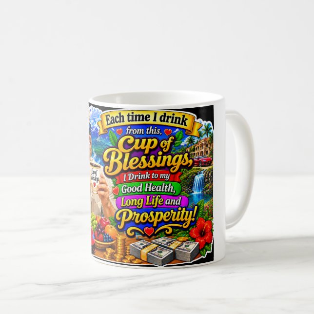 Caneca De Café "Copo de Bênçãos" Saúde e Prosperidade (Frente Esquerda)