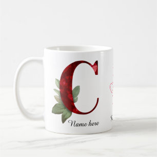 Caneca De Café Copo de Café M Inicial Floral Coração Vermelho Ele