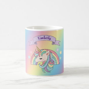 Caneca De Café Copo Unicórnio e Arco-íris Colorido com Nome Perso