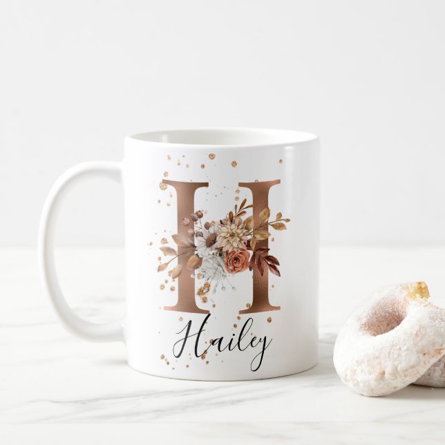 Caneca De Café Copper Floral - Letra H Monograma Café Mug (Com Donut)