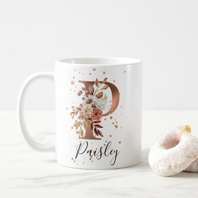 Caneca De Café Copper Floral - Letra P Monograma Café Mug (Com Donut)