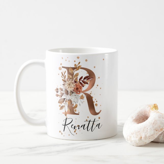 Caneca De Café Copper Floral - Letra R Monograma Café Mug (Com Donut)