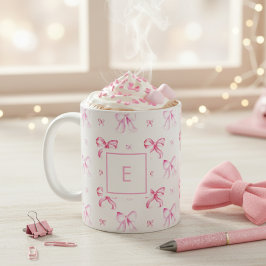 Caneca De Café Coquette Laço Rosa Preppy Monograma Feminino