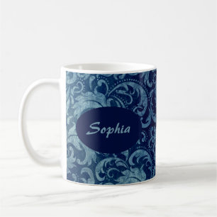 Caneca De Café Cor damasco Elegante Blue Vintage