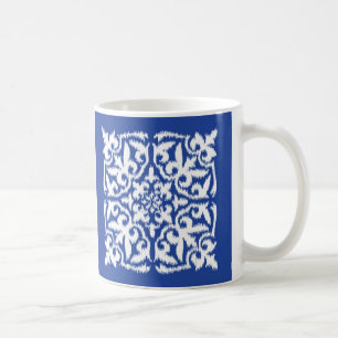 Caneca De Café Cor damasco Ikat - azul de cobalto e branco