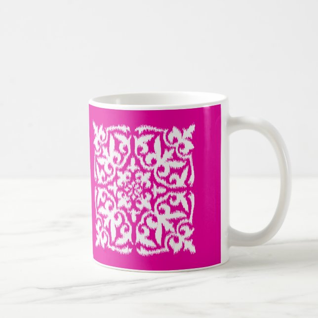 Caneca De Café Cor damasco Ikat - rosa profundo e branco (Direita)