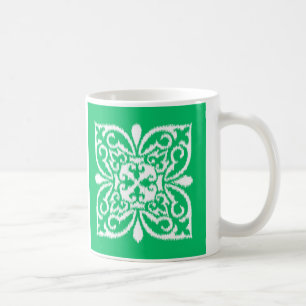 Caneca De Café cor damasco Ikat - verde-jade e branco