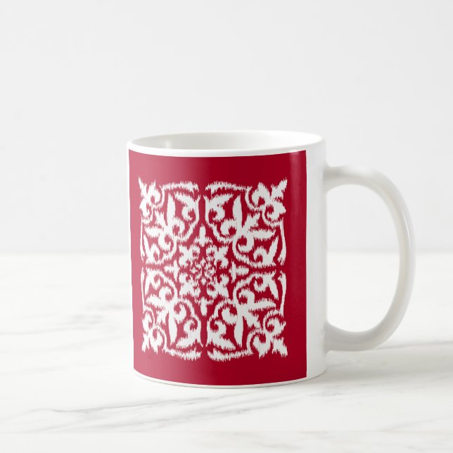 Caneca De Café Cor damasco Ikat - vermelho escuro e branco (Direita)