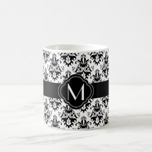 Caneca De Café Cor damasco preto e branco com monograma