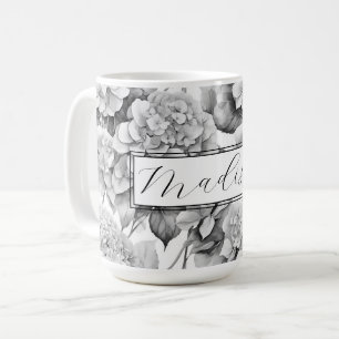 Caneca De Café Cor de água floral negra da cinza branca Elegante