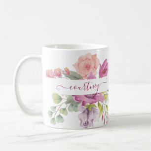 Caneca De Café Cor de água rosa e pêssego, floralizada personaliz