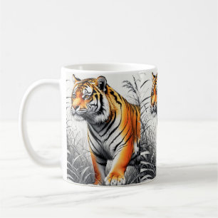 Caneca De Café Cor de Arte Tigre Desenho Branco Parcial Preto