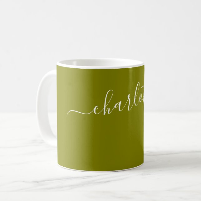 Caneca De Café Cor de Oliva Elegante Nome Moderno Personalizado (Frente Esquerda)