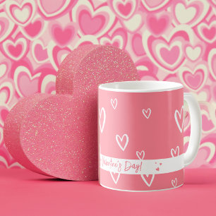 Caneca De Café Cor-de-rosa-branca com padrão de coração branco