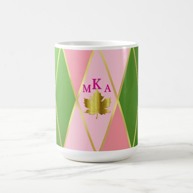 Caneca De Café Cor-de-rosa-chic e Estilo Verde Monograma (Centro)