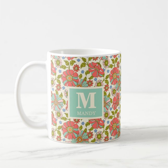 Caneca De Café Cor-de-rosa e Aqua Retro Floral (Esquerda)