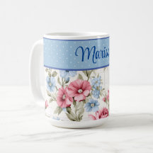 Cor-de-rosa e azul-céu Floral e Bolinhas Mug