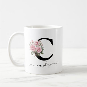 Caneca De Café Cor-de-rosa inicial Flores Florais Nome do Monogra