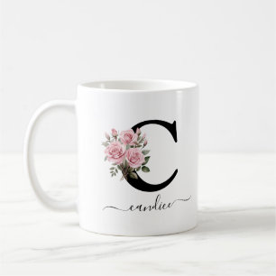 Caneca De Café Cor-de-rosa inicial Flores Florais Nome do Monogra