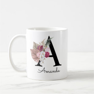 Caneca De Café Cor-de-rosa moderna, floral inicial A