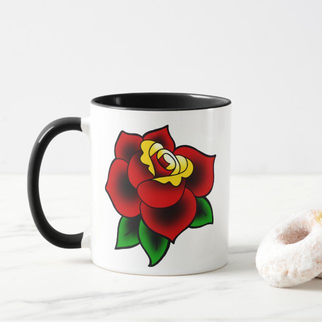 Caneca de café cor-de-rosa tradicional do tatuagem (Com Donut)