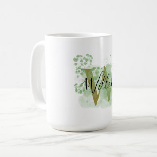 Caneca De Café Cor Verde Personalizada e Floral Inicial 