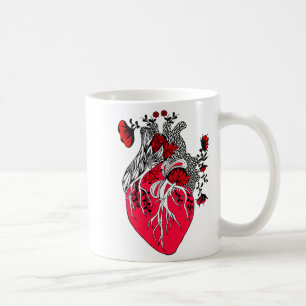 Caneca De Café Coração Anatômico Florescendo Flores Vermelhas Dia