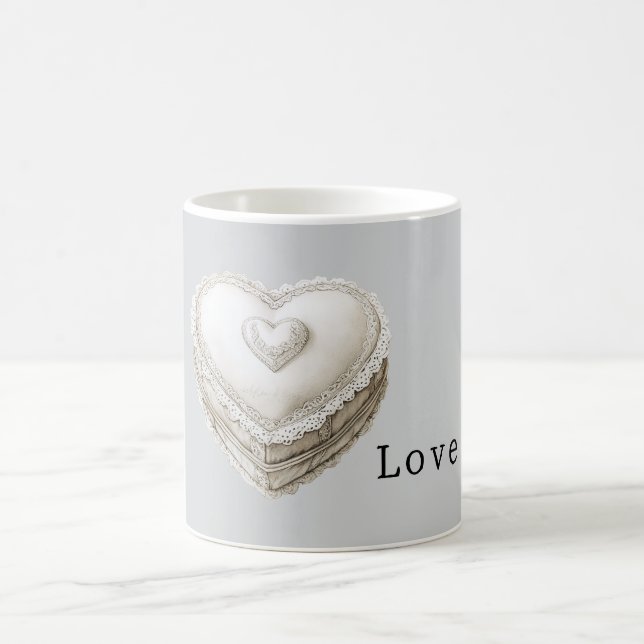 Caneca De Café Coração Branco de Renda Falsa Cinza Bonito (Centro)