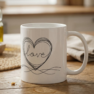 Caneca De Café Coração com "Amor" em Arte em Linha Contínua