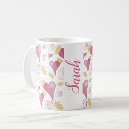 Caneca De Café Coração Coroa Monograma em Aquarela Rosa