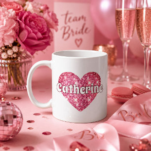 Caneca De Café Coração de Brilho Rosa Glam Girly com Nome 