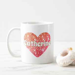 Caneca De Café Coração de Brilho Vermelho Glam Girly com Nome