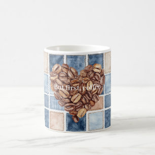 Caneca De Café Coração de Grãos de Café Azul Creme Falso Denim