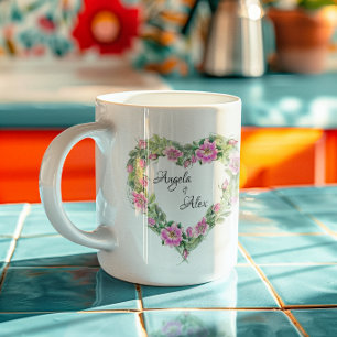 Caneca De Café Coração de Rosa Rosa Aquarela Borda Noiva e Noivo