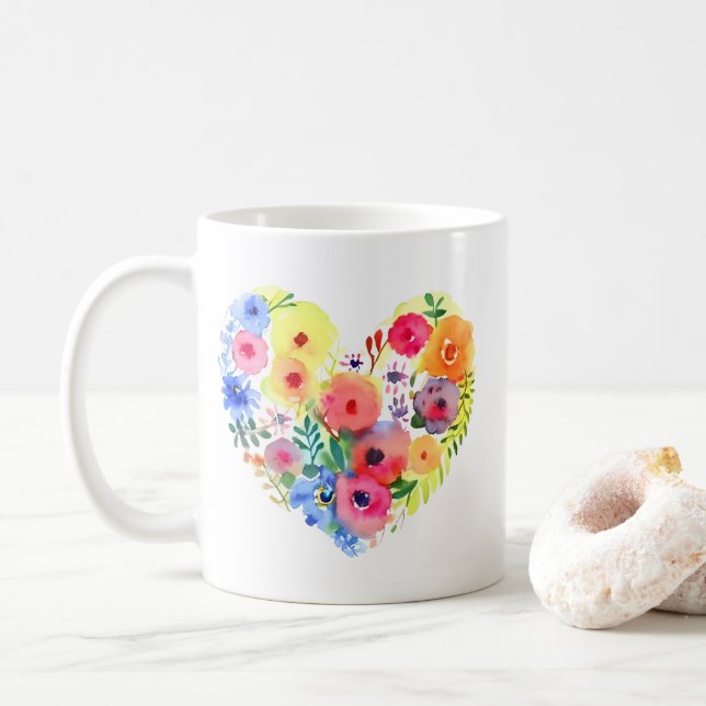 Caneca De Café Coração Floral com citação de Mãe (Com Donut)