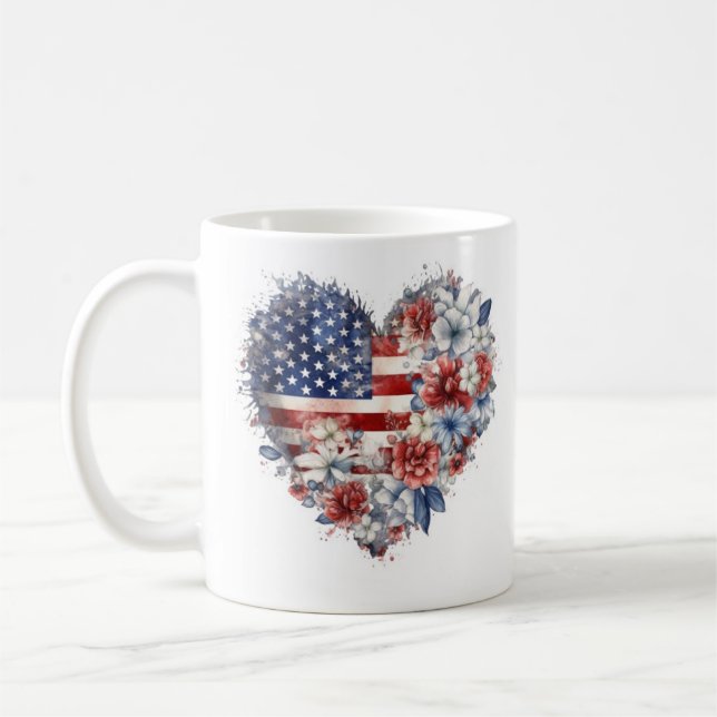 Caneca De Café Coração Floral Patriótica (Esquerda)