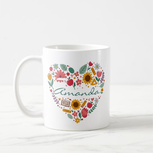 Caneca De Café Coração Floral Personalizado com Nome Botânico Per (Esquerda)