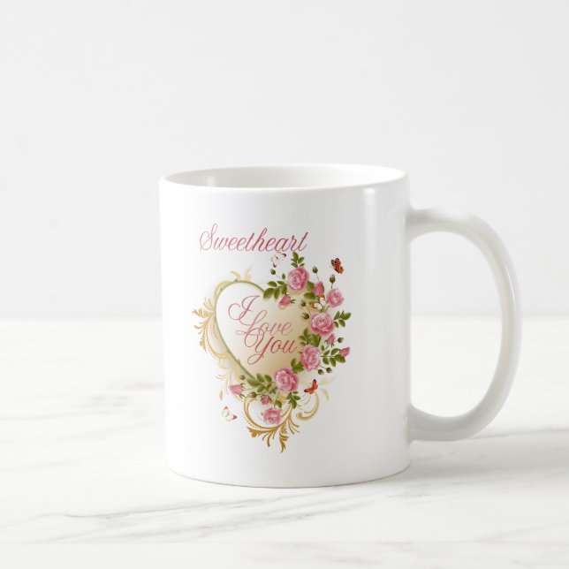 Caneca De Café Coração Floral Rosa E Dourada (Direita)