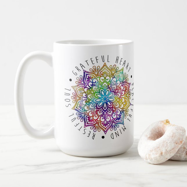 Caneca De Café Coração Grato Mente Pacífica Alma Tranquila (Com Donut)