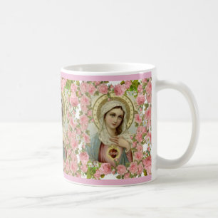 Caneca De Café Coração imaculado de rosas cor-de-rosa de Mary