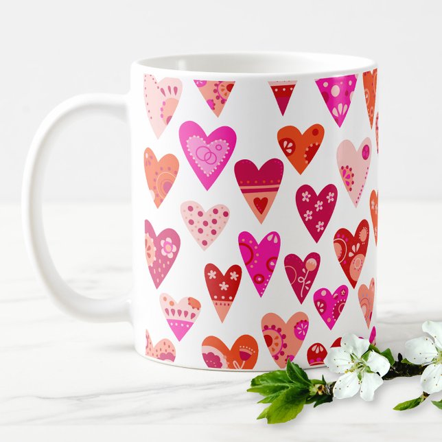 Caneca De Café Coração Padrão Vermelho Cor-de-Rosa Moderno (Japandi hearts design coffee mug for Valentines day or any other day!)
