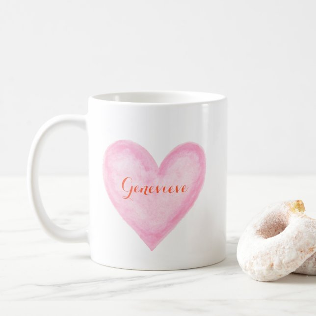 Caneca De Café Coração Rosa de Água com nome personalizado, bonit (Com Donut)