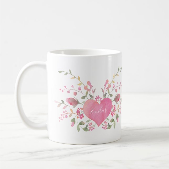 Caneca De Café Coração Rosa e Flores (Esquerda)