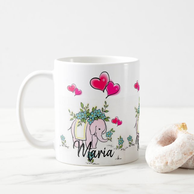 Caneca De Café Coração Rosa-Elefante (Com Donut)