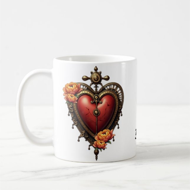 Caneca De Café Coração Steampunk com Flores. (Esquerda)