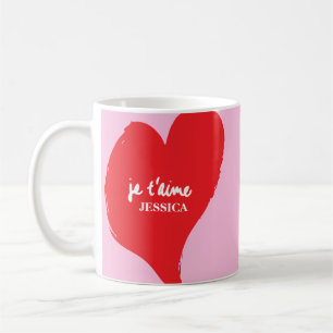 Caneca De Café Coração vermelha com je t’aime-text sobre fundo ro