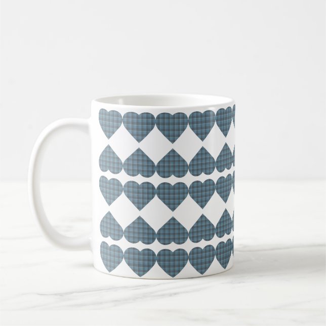 Caneca De Café Coração Xadrez Azul Cinza (Esquerda)