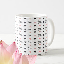 Caneca De Café Corações alinhados pretos / cor-de-rosa com nome p