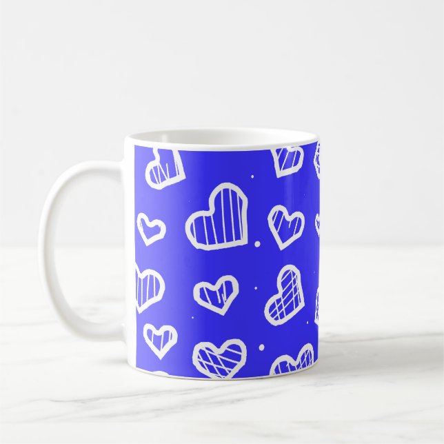 Caneca De Café Corações Artísticos Padrão Invisível Azul Fundo (Esquerda)